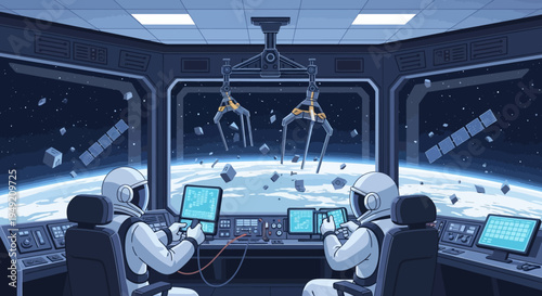 Astronauts in Space Mission Control Room.