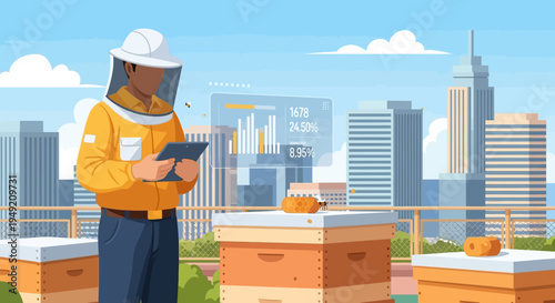 Beekeeper in protective suit inspecting beehives.