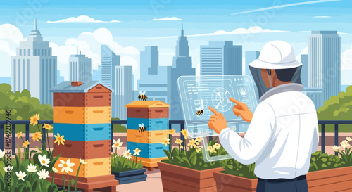 Beekeeper Inspecting Beehives in Urban Setting.