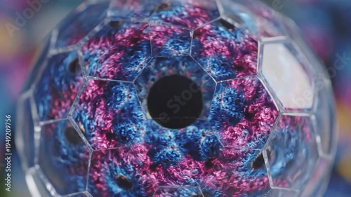 Closeup of a kaleidoscopic sphere with vibrant blue and pink patterns.