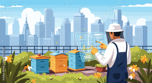 Beekeeper Inspecting Beehives in Urban Setting.