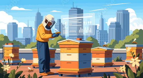 Beekeeper Inspecting Beehives on Rooftop.