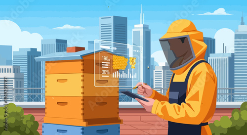 Beekeeper Inspecting Beehives on Rooftop.