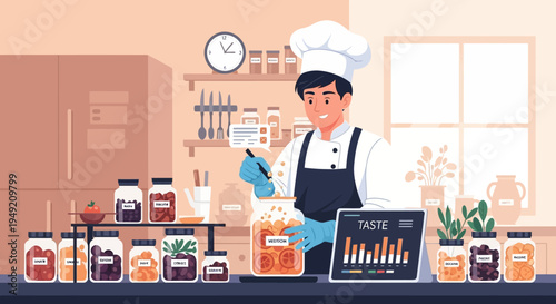 Chef Preparing Food in Kitchen with Ingredients.