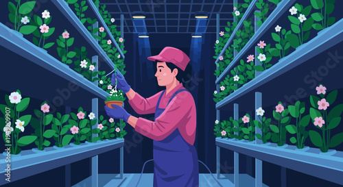 Farmer Tending to Flowers in Greenhouse.