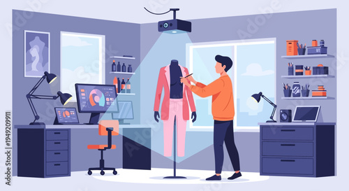 Fashion Designer Working on Garment Illustration.