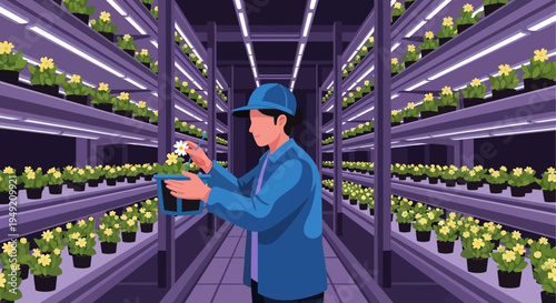 Farmer Inspecting Plants in Vertical Farm.