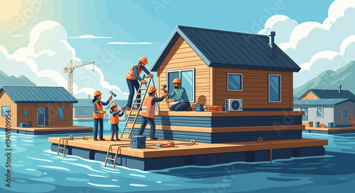 Floating House with Family on Raft.