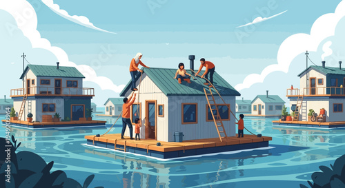 Floating House with Workers on Roof.
