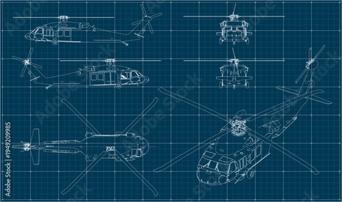 Medium-lift utility military helicopter. Helicopter us army. Multi-purpose helicopter. Blueprint