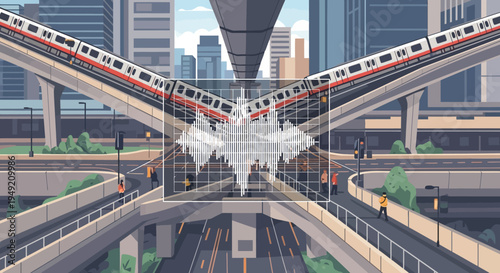 Futuristic Train Station with Multiple Tracks.