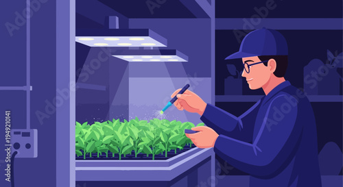 Man Examining Plants Under Laboratory Conditions.