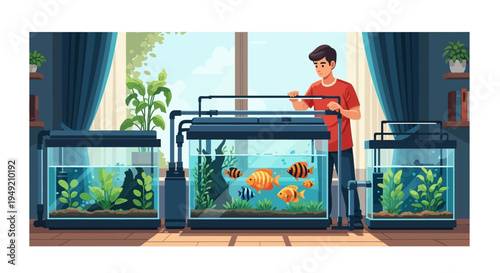 Man Maintaining Aquariums with Fish Inside.