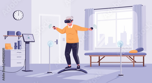 Man Using Virtual Reality Headset Exercising.