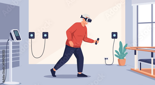 Man using virtual reality headset in room.