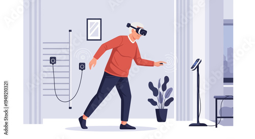 Man Wearing Virtual Reality Headset Interacting.