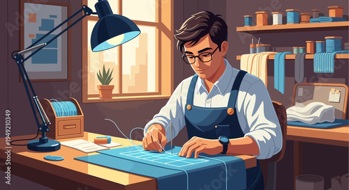 Man Working on Blueprint at Desk.