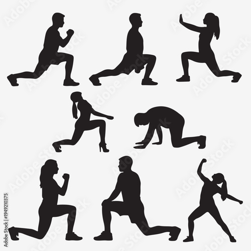 Black vector illustration of a man and women silhouettes performing yoga and fitness exercises with athletic training figures in action