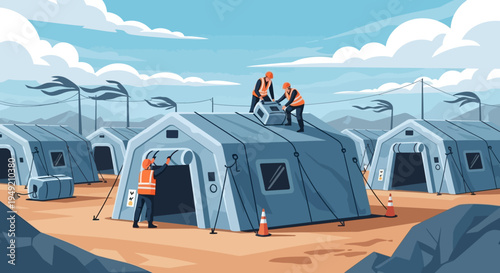 Military Tents with Workers and Flags.