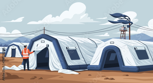 Temporary Tents with Person and Wind Turbine.