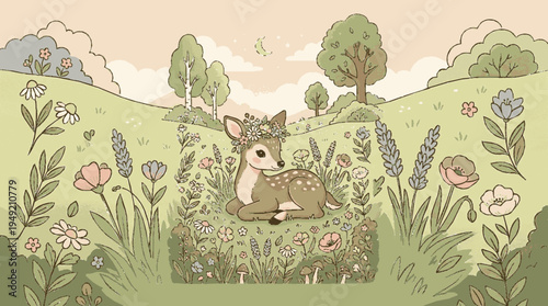 Cute baby deer fawn lying in a field of colorful flowers and grass in a serene natural landscape with trees