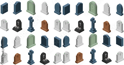 Gravestone and tombstone collection set, cemetery memorial monuments with crosses, RIP headstone icons vector illustration for Halloween design