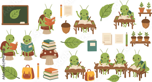 Cute Cartoon Grasshopper School Characters Studying Reading Books Classroom Education Set with Blackboard Leaves Backpack Vector Illustration