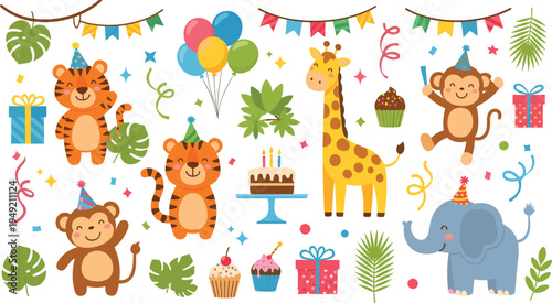 Photography Cute Jungle Animals Birthday Party Set with Tiger Monkey Giraffe Elephant Balloo