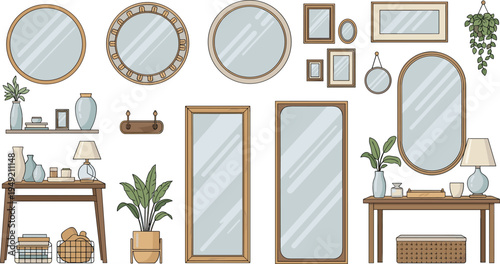 Home Interior Decor Elements Set with Mirrors Wooden Frames Plants Table Shelf Lamp Modern Cozy House Vector Illustration