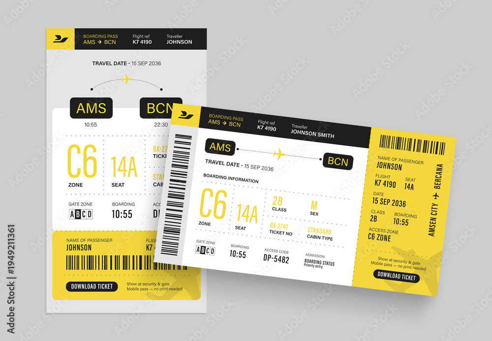 Airline Boarding Pass Ticket Template, Flight Voucher Coupon, Travel ...