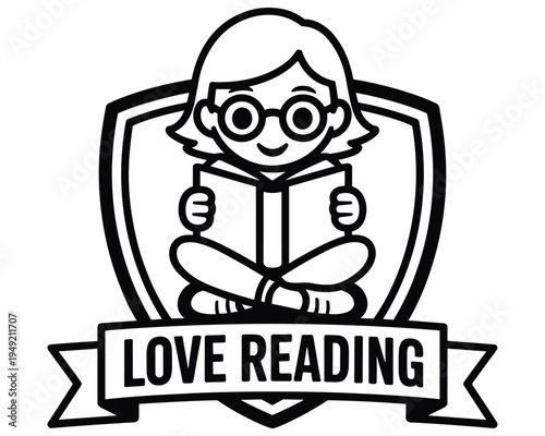 Charming cartoon girl wearing glasses reading a book inside a shield emblem