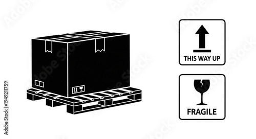 Cardboard box on wooden pallet with shipping labels.