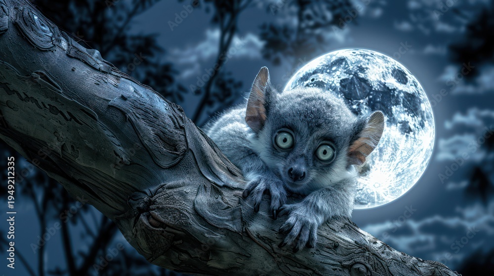 Obraz premium A nocturnal lemur with big eyes peeks from a tree branch under the bright, glowing full moon