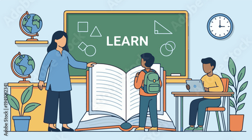 Teacher helping student learn in a classroom, with another student using a tablet