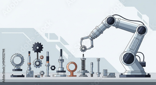 Robotic arm assembling industrial components on a factory floor.
