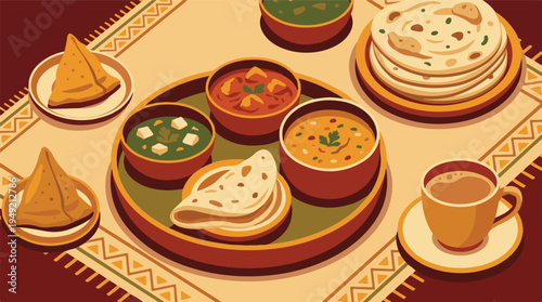 Delicious Indian cuisine spread: samosas, curries, flatbreads, and chai
