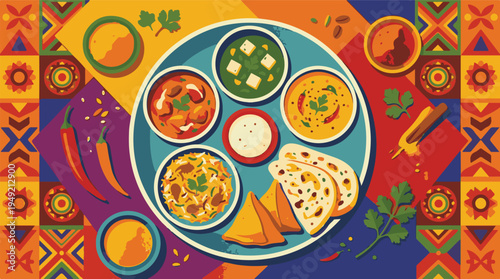 Vibrant Indian Thali Platter with Diverse Curries, Rice, Bread, and Spices
