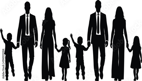 Black silhouettes of happy families with parents and children walking together for community life, financial planning, and insurance marketing vector designs