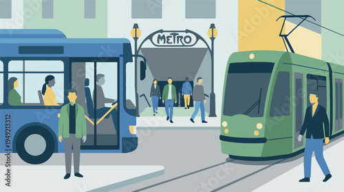 People Using Urban Public Transportation: Bus, Tram, and Metro Station