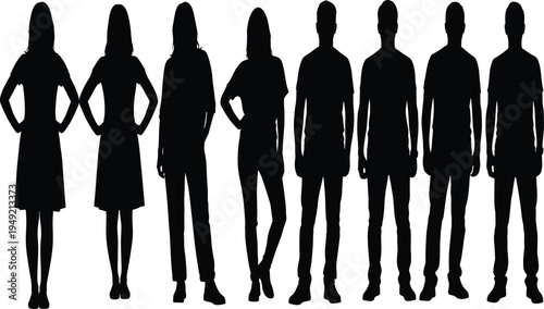 Black silhouettes of men and women standing in casual poses for business team portraits social community groups and fashion marketing designs