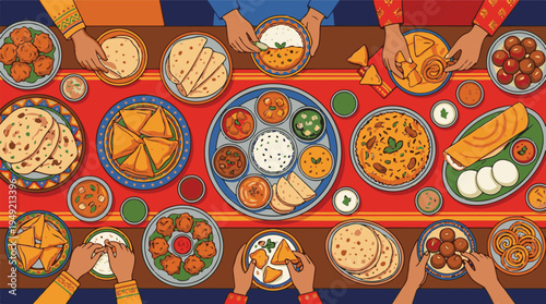 Top-down view of diverse hands sharing a festive Indian food spread