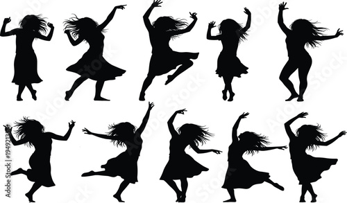 Black silhouettes of women dancing and jumping in expressive poses for music festival posters party invitations and joyful celebration vector graphic designs