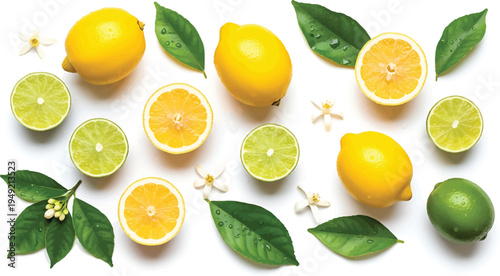 Lemons Limes Slices Leaves on White Background