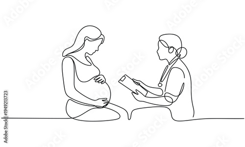 Pregnant woman consulting with doctor showing medical chart