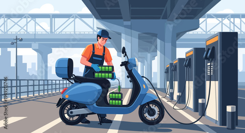 Man Charging Electric Scooter at Station.