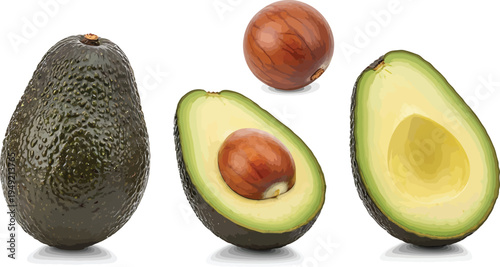 Avocado Fruit Cut Open with Pit on White Background
