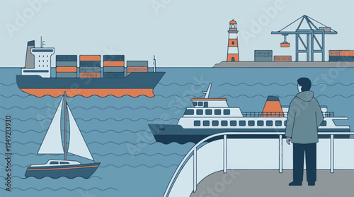 Detailed illustration of a busy port with container ship, ferry, sailboat, and lighthouse