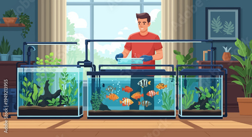 Man maintaining aquariums with various fish.