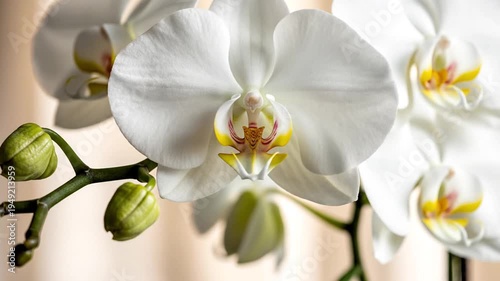 Close up of delicate white orchid flowers and fresh buds