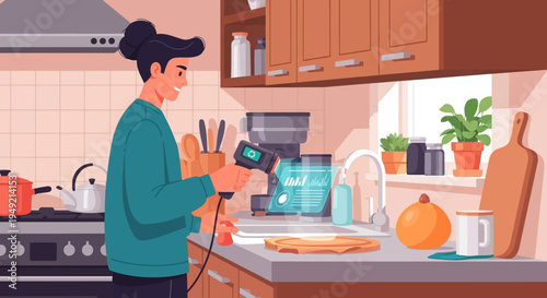 Man Wearing Virtual Reality Headset in Kitchen.